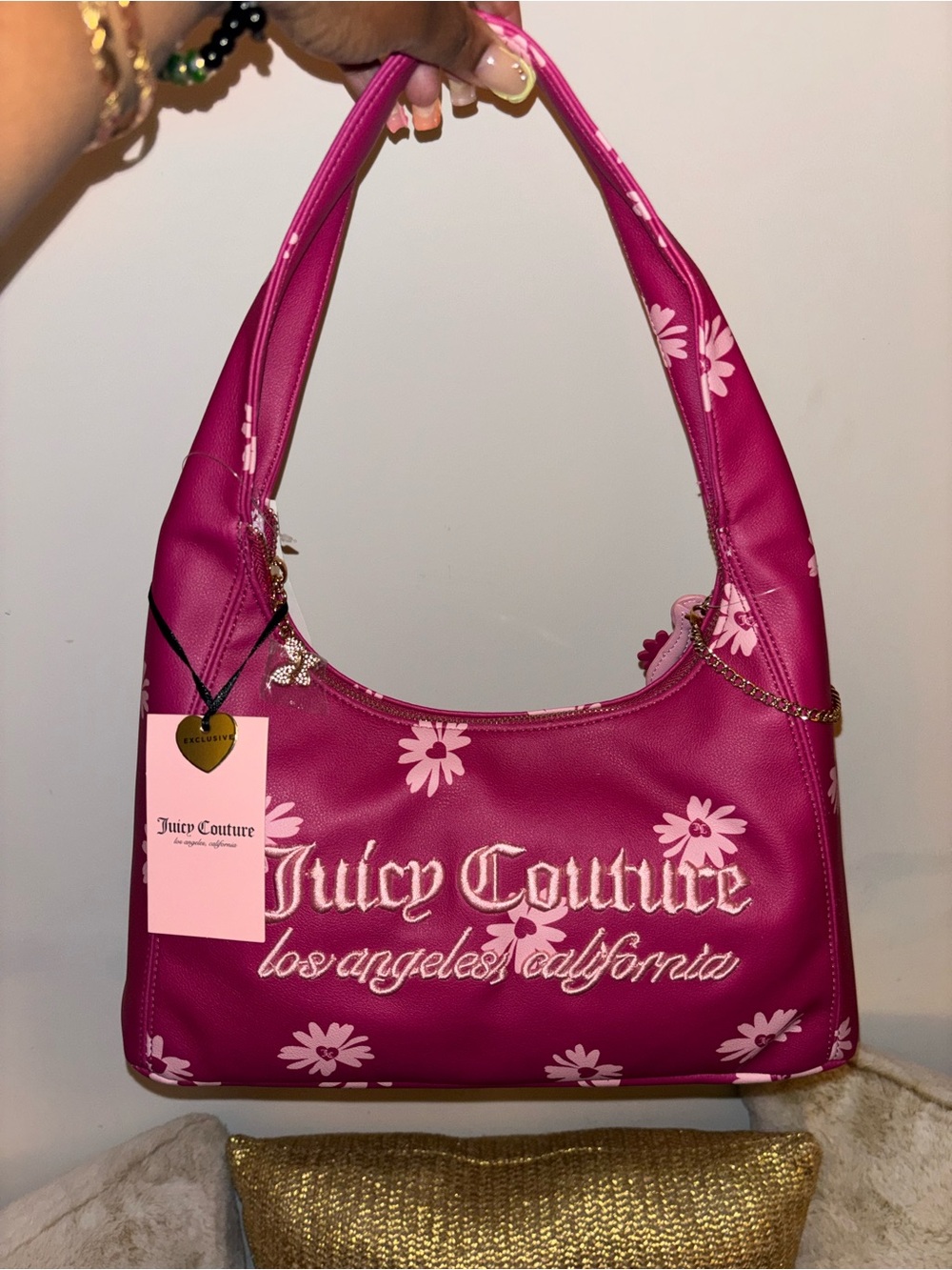 Juicy Couture Hot Pink Floral Logo Shoulder Bag with Chain Accent